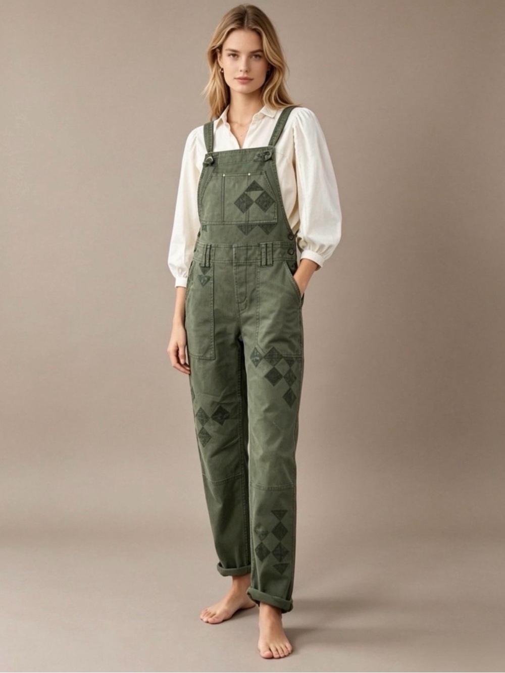Pilcro Wanderer Patchwork Overalls Green Utility Bib Size 25 Anthropologie Boho - Picture 3 of 16